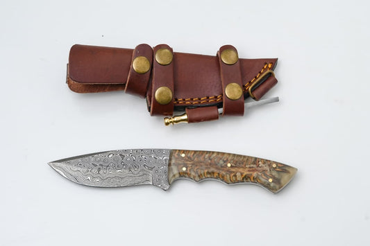 Handmade Damascus Hunting Knife With Resin & Bone Handle - TK-424