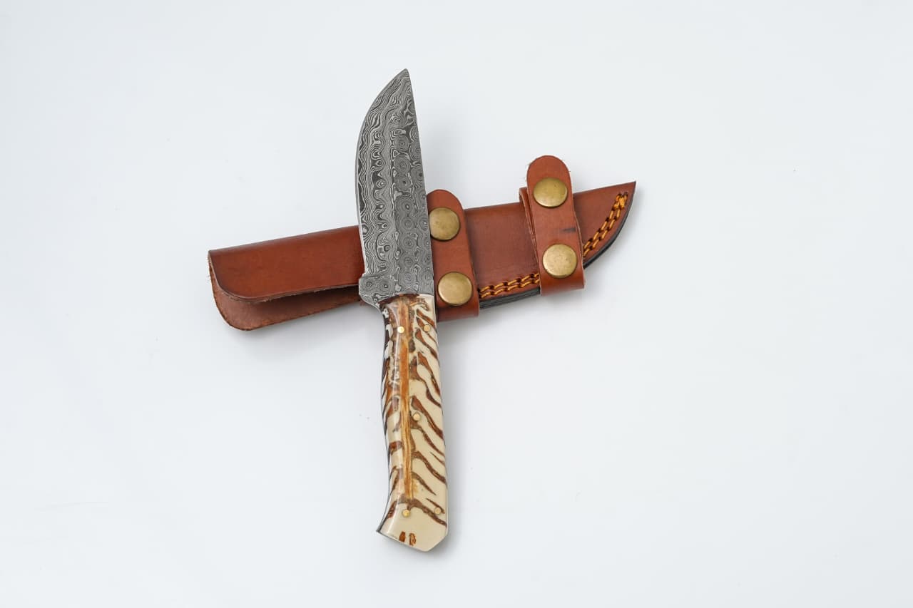 Handmade Damascus Steel Knife With Camel Bone Handle & Leather Sheath - TK-426