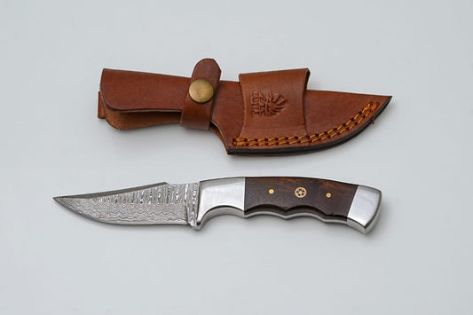 Handmade Damascus Steel Knife With Wenge Wood Handle & Leather Sheath TK-429