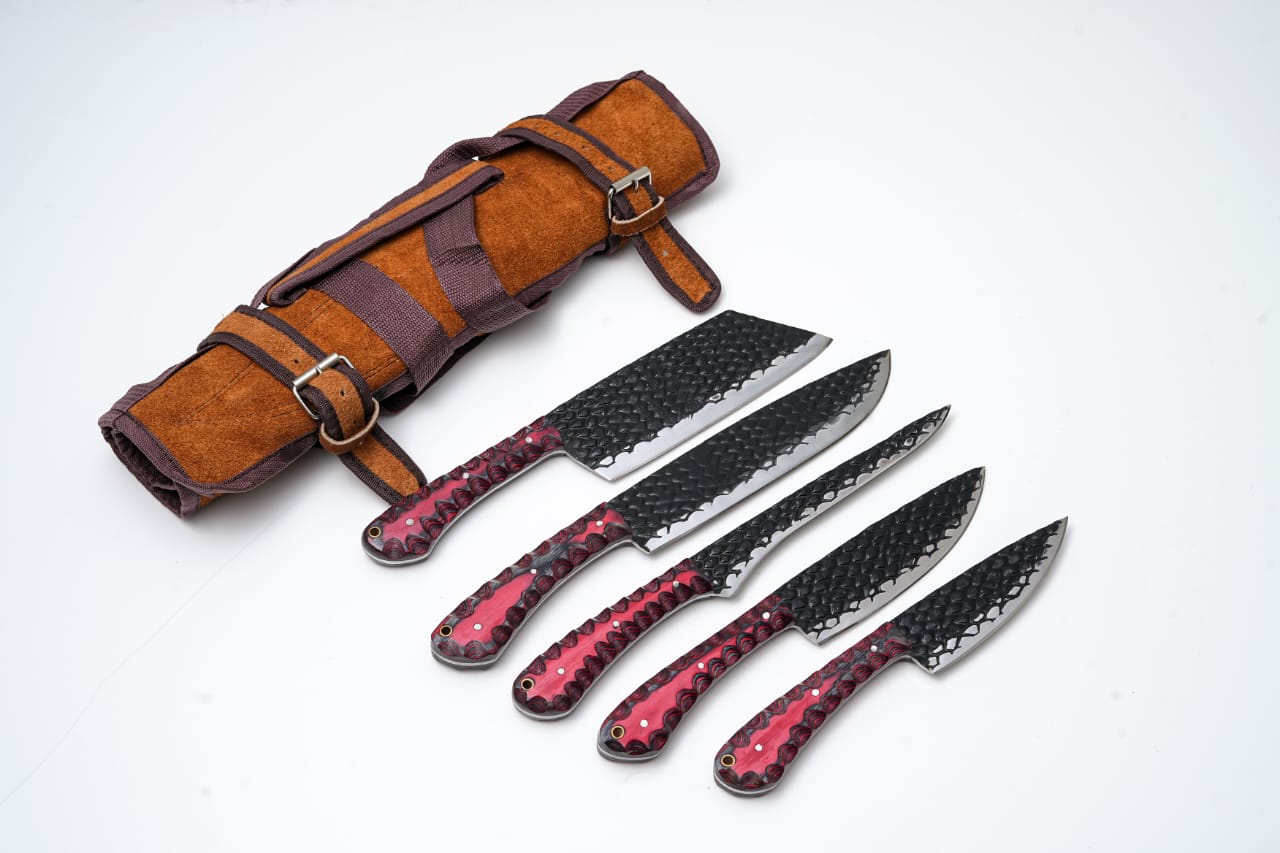 5-Piece Hand-Forged Kitchen Knife Set - Dragon Scale Carbon Steel - Red Diamond Wood Handles & Leather Roll - CK-002