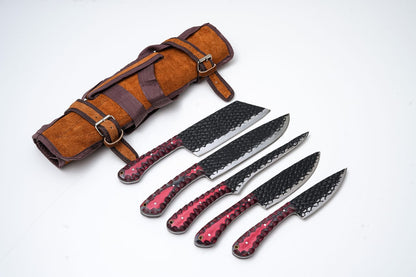 5-Piece Hand-Forged Kitchen Knife Set - Dragon Scale Carbon Steel - Red Diamond Wood Handles & Leather Roll - CK-002