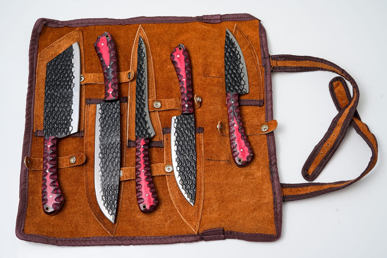 5-Piece Hand-Forged Kitchen Knife Set - Dragon Scale Carbon Steel - Red Diamond Wood Handles & Leather Roll - CK-002