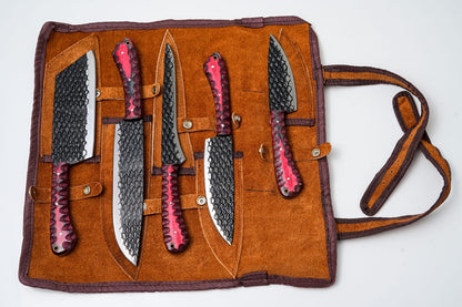 5-Piece Hand-Forged Kitchen Knife Set - Dragon Scale Carbon Steel - Red Diamond Wood Handles & Leather Roll - CK-002