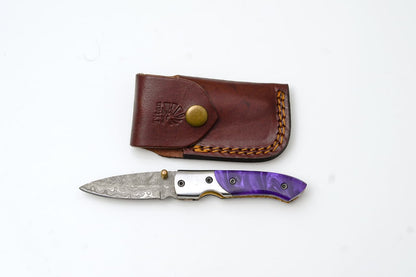 Handmade Damascus AmethystEdge Folding Pocket Knife With Purple Resin Handle & Leather Sheath | EDC Camping & Hunting Knife TF-004-P
