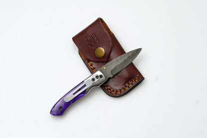 Handmade Damascus AmethystEdge Folding Pocket Knife With Purple Resin Handle & Leather Sheath | EDC Camping & Hunting Knife TF-004-P