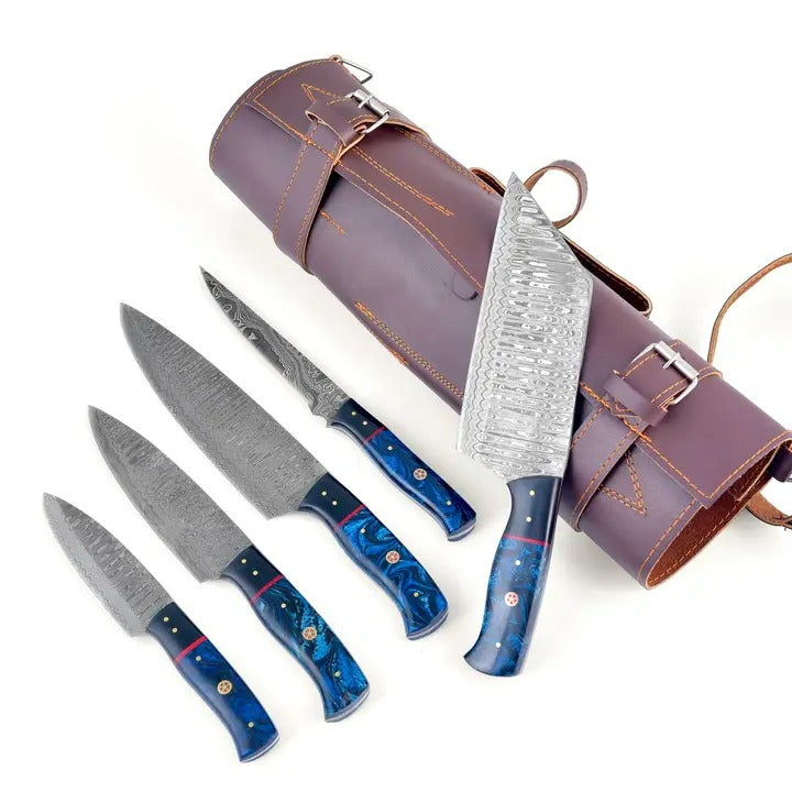Titan’s Artisanal Mastery: Blue Galaxy Damascus Steel 5-Piece Kitchen Knife Set With Leather Roll - TK-452