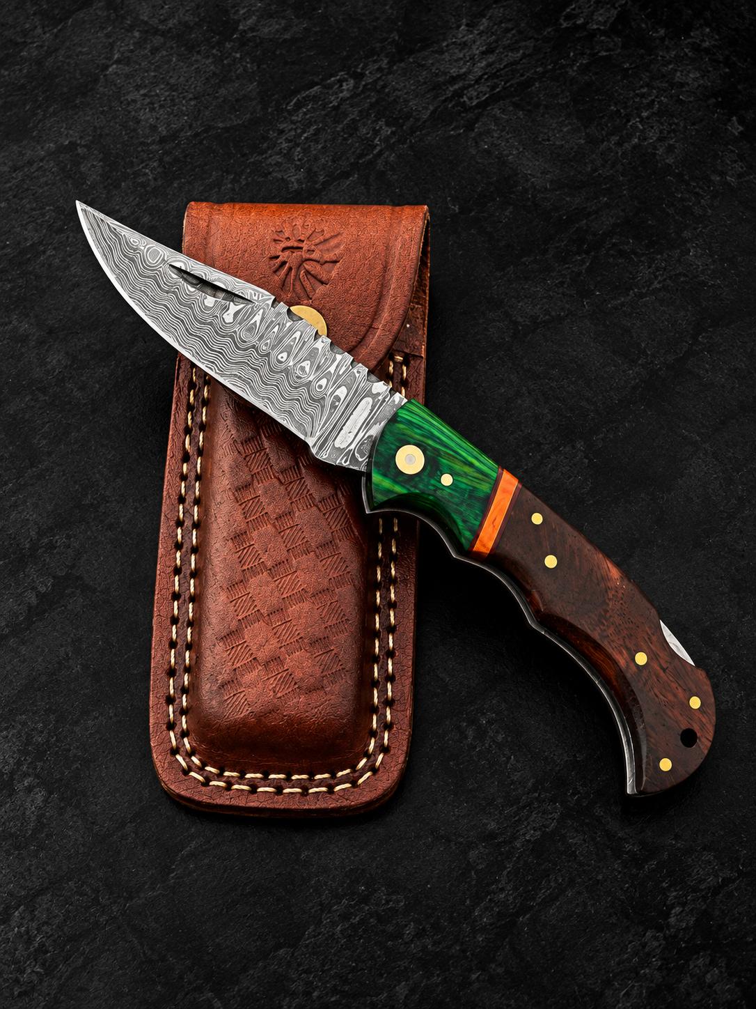 Emerald Crest Damascus Folding Knife TKT-41