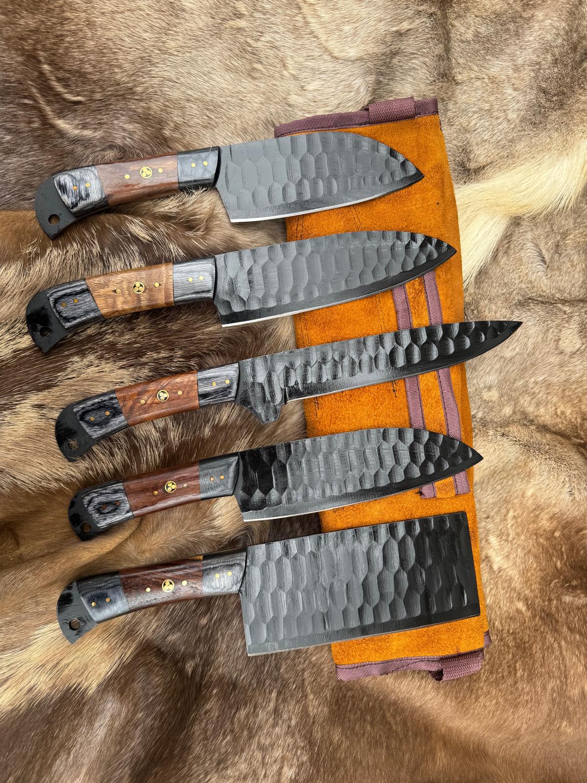 Titan "Ironwood Crest" 5-Piece High Carbon Steel Chef Knife Set | Hammered Dragon Scale Finish, Two-Tone Pakkawood Handles | Leather Roll Case CK-005