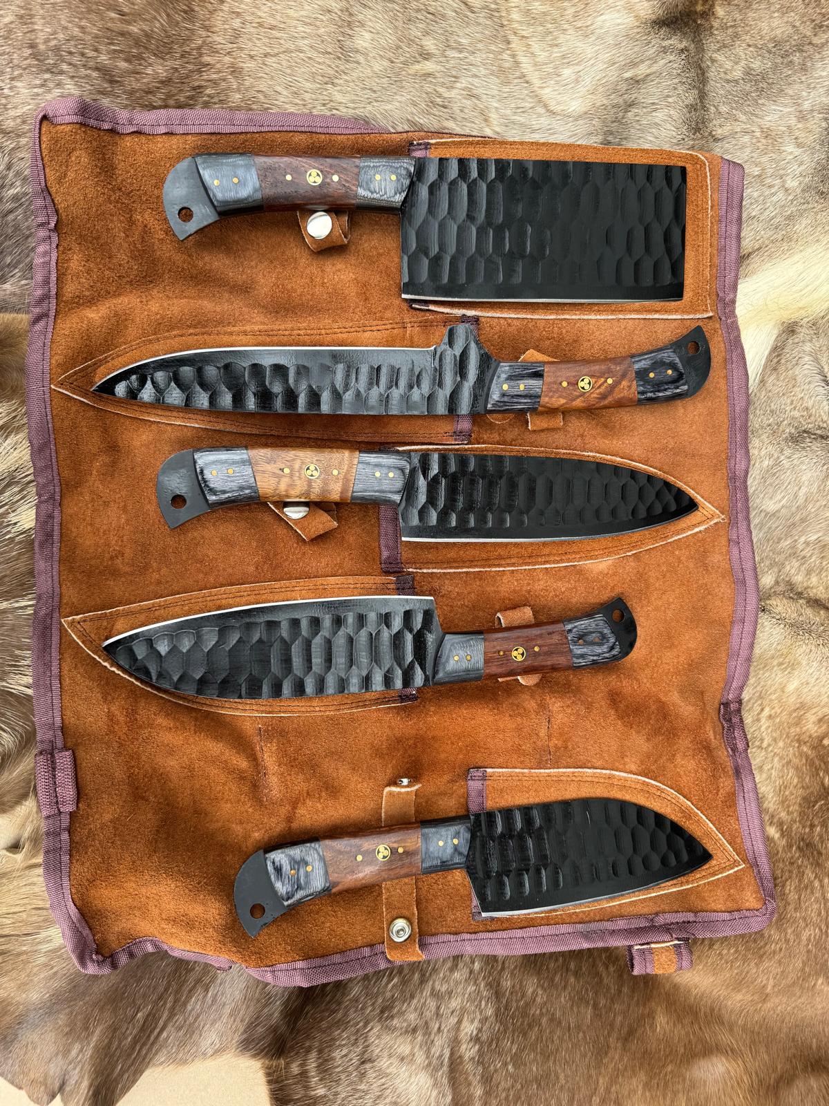 Titan "Ironwood Crest" 5-Piece High Carbon Steel Chef Knife Set | Hammered Dragon Scale Finish, Two-Tone Pakkawood Handles | Leather Roll Case CK-005