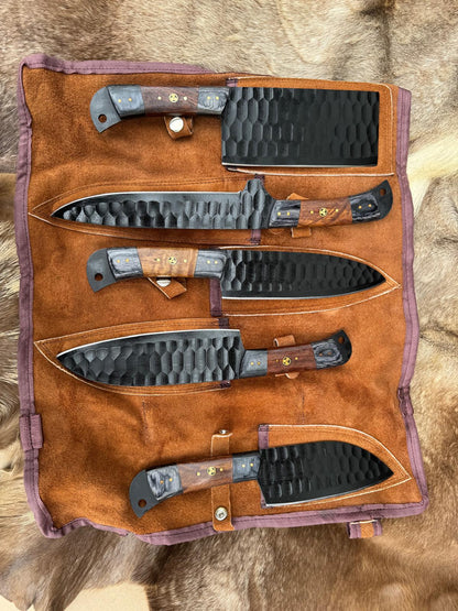 Titan "Ironwood Crest" 5-Piece High Carbon Steel Chef Knife Set | Hammered Dragon Scale Finish, Two-Tone Pakkawood Handles | Leather Roll Case CK-005