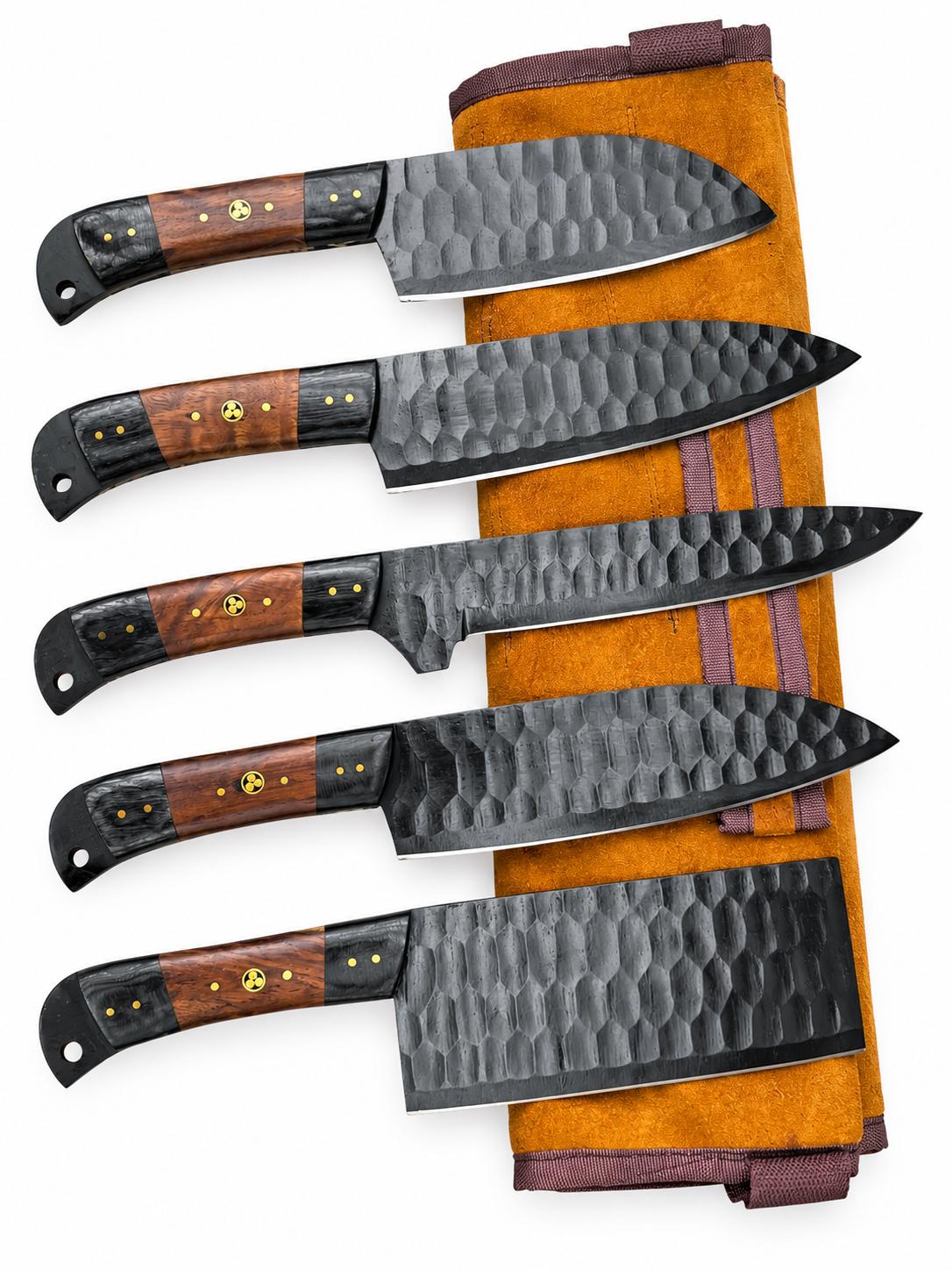 Titan "Ironwood Crest" 5-Piece High Carbon Steel Chef Knife Set | Hammered Dragon Scale Finish, Two-Tone Pakkawood Handles | Leather Roll Case CK-005