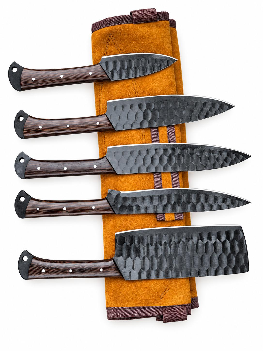 Titan "Blackened Forge" 5-Piece High Carbon Steel Chef Knife Set | Hammered Dragon Scale Finish, Pakkawood Handles | Leather Roll Case CK-004