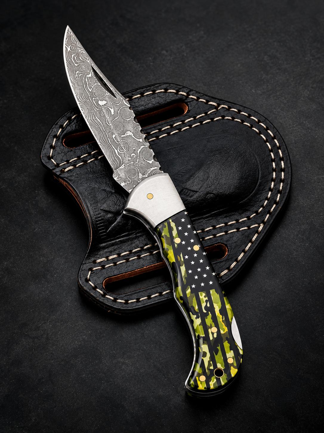 Liberty Camo Damascus Folding Knife TKT-38