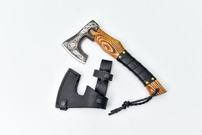 Small Bearded Axe | Hand-Forged Viking Axe With Wooden Handle & Leather Sheath | Camping, Bushcraft & Collectible Axe - AXE-C003