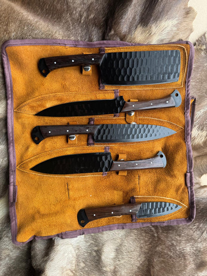 Titan "Blackened Forge" 5-Piece High Carbon Steel Chef Knife Set | Hammered Dragon Scale Finish, Pakkawood Handles | Leather Roll Case CK-004