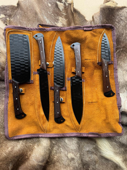Titan "Blackened Forge" 5-Piece High Carbon Steel Chef Knife Set | Hammered Dragon Scale Finish, Pakkawood Handles | Leather Roll Case CK-004
