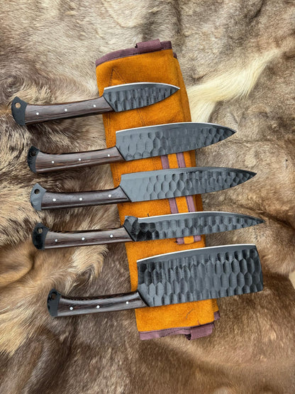 Titan "Blackened Forge" 5-Piece High Carbon Steel Chef Knife Set | Hammered Dragon Scale Finish, Pakkawood Handles | Leather Roll Case CK-004