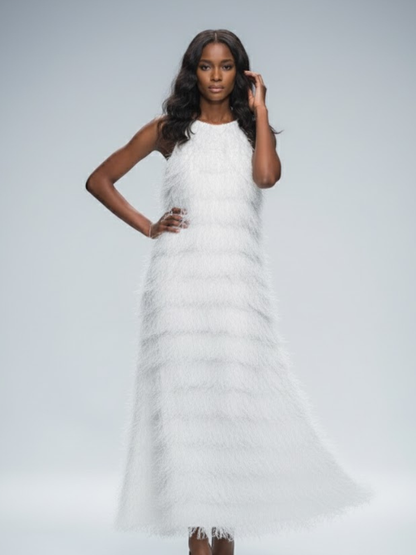 White Fringe Long Dress FIFTH AVENUE: Prêt-À-Porter Line BYMANYC ® New York