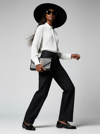 Wide-Leg Denim Trousers With Back Buckle Detail • BYMANYC ® New York
