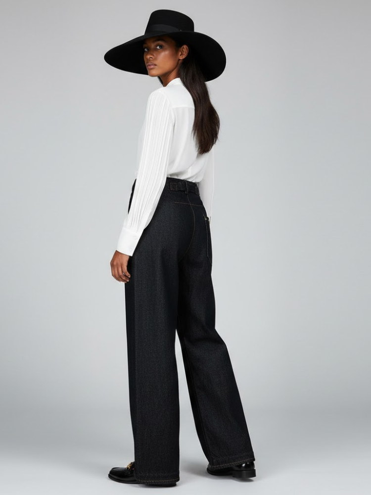 Wide-Leg Denim Trousers With Back Buckle Detail • BYMANYC ® New York