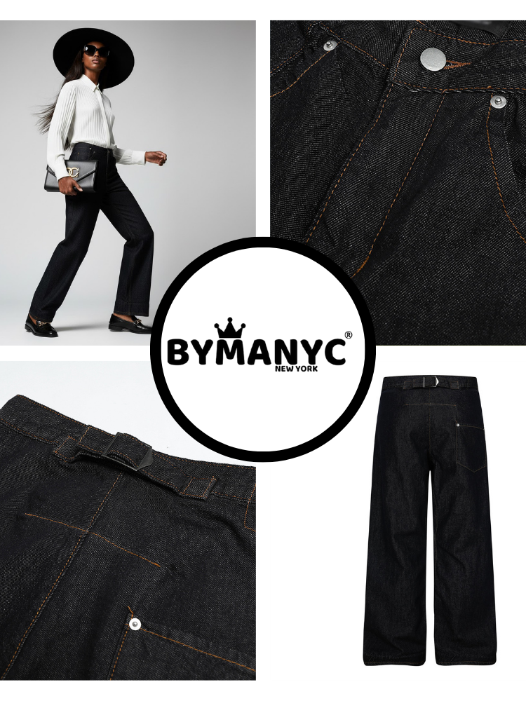 Wide-Leg Denim Trousers With Back Buckle Detail • BYMANYC ® New York