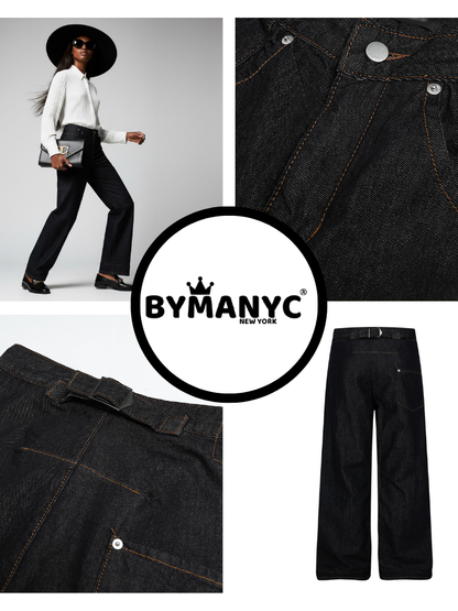 Wide-Leg Denim Trousers With Back Buckle Detail • BYMANYC ® New York