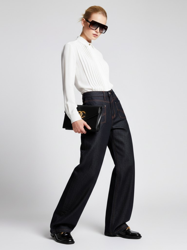 Wide-Leg Denim Trousers With Inverted Pocket Design • BYMANYC ® New York