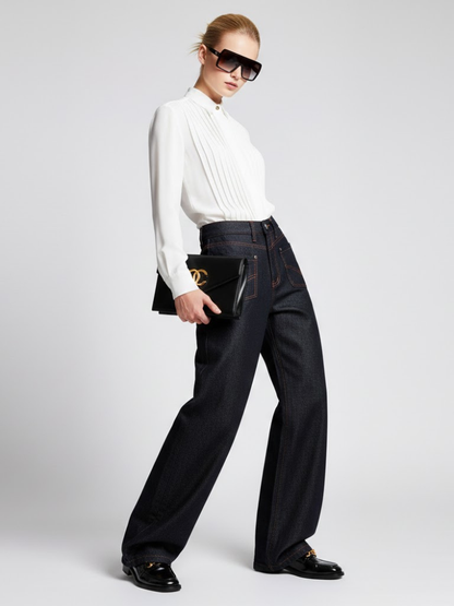 Wide-Leg Denim Trousers With Inverted Pocket Design • BYMANYC ® New York