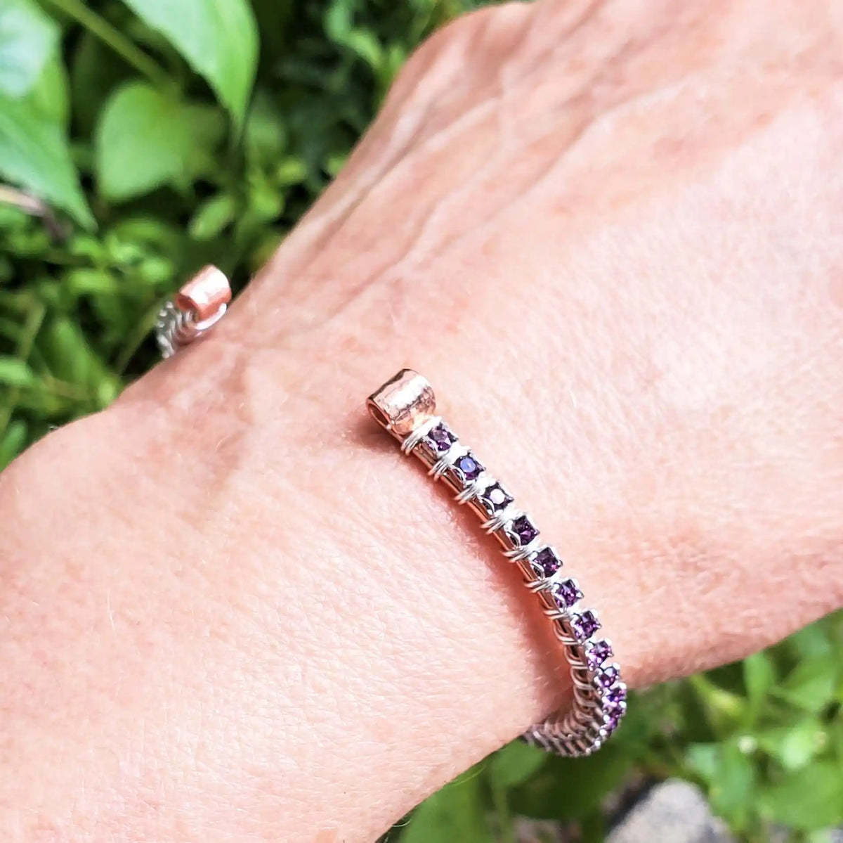 Wire Wrapped Amethyst Crystal Tennis Bracelet Bangle