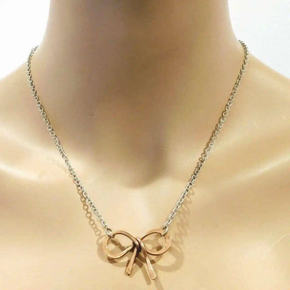 Wire Wrapped Copper Bow Tie Silver Chain Necklace