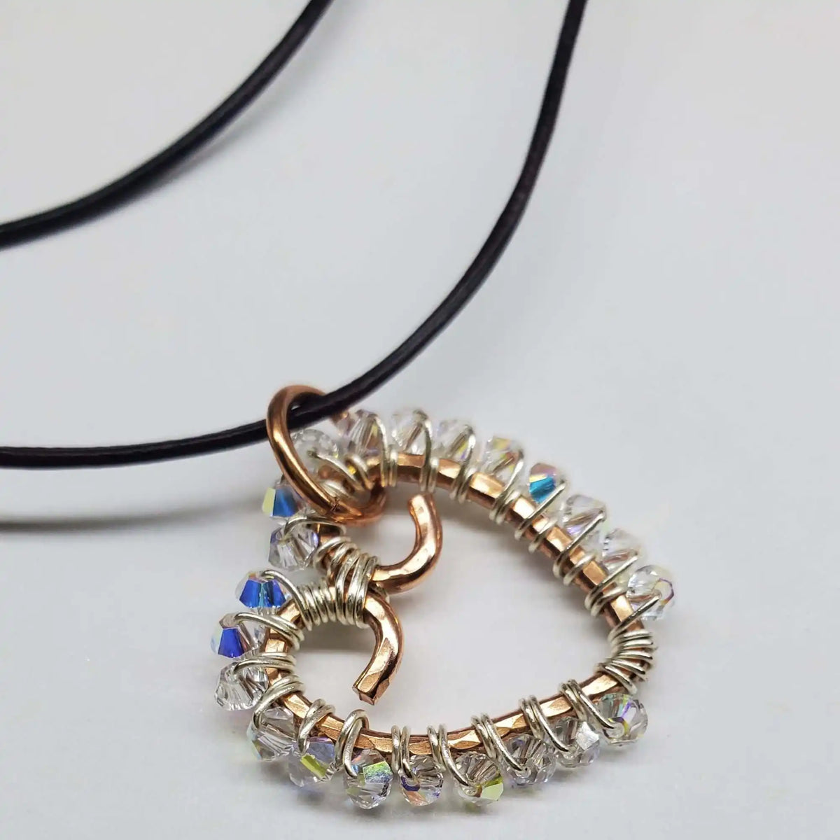 Wire Wrapped Copper Hammered Open Heart Crystal Necklace
