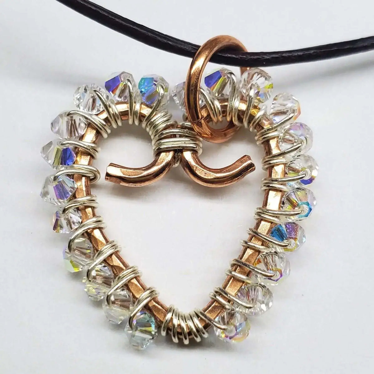 Wire Wrapped Copper Hammered Open Heart Crystal Necklace