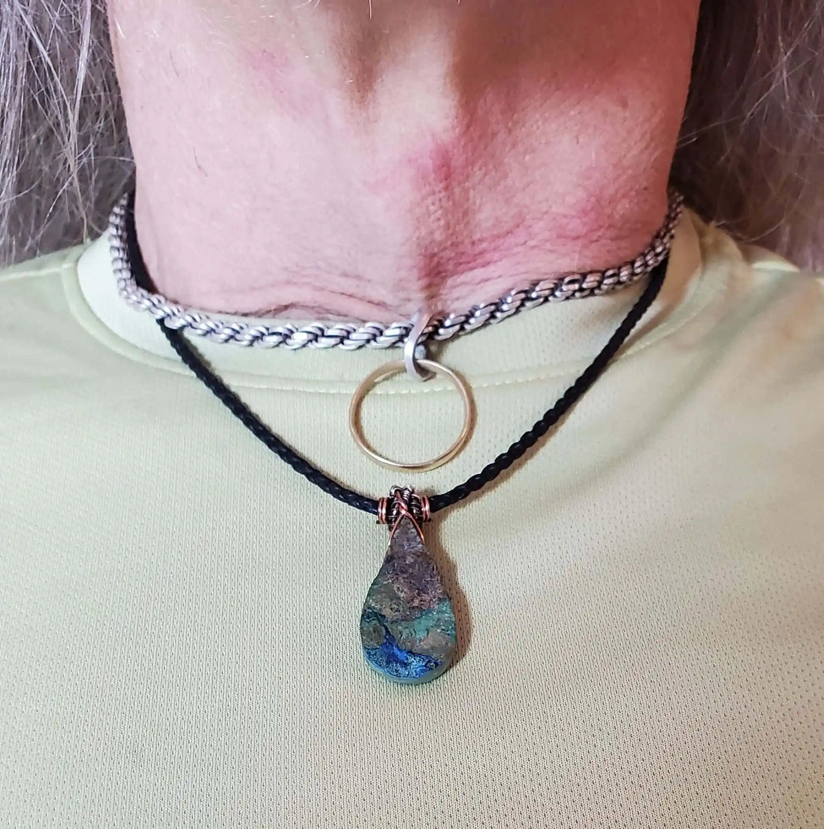 Wire Wrapped Copper Natural Azurite Malachite Drop Vegan Cord Necklace