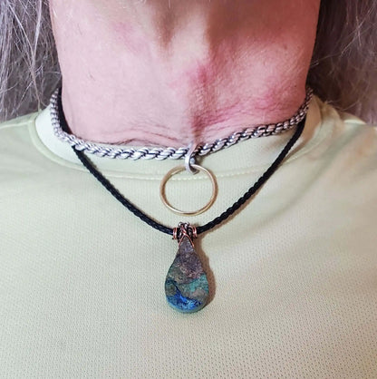 Wire Wrapped Copper Natural Azurite Malachite Drop Vegan Cord Necklace