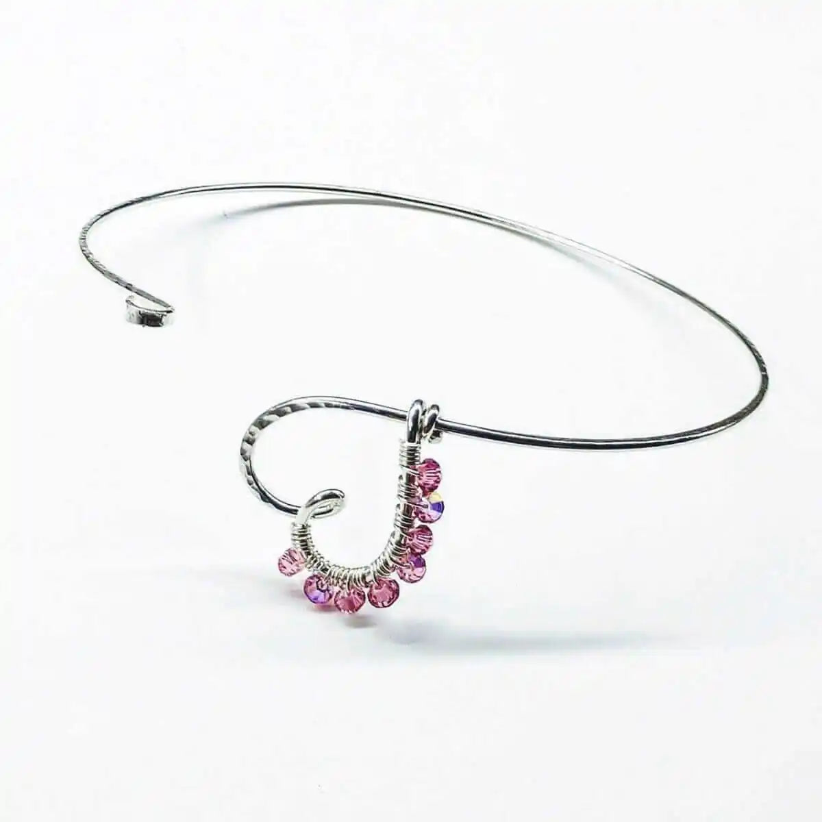 Wire Wrapped Pink Crystal Heart Bangle