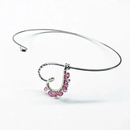 Wire Wrapped Pink Crystal Heart Bangle