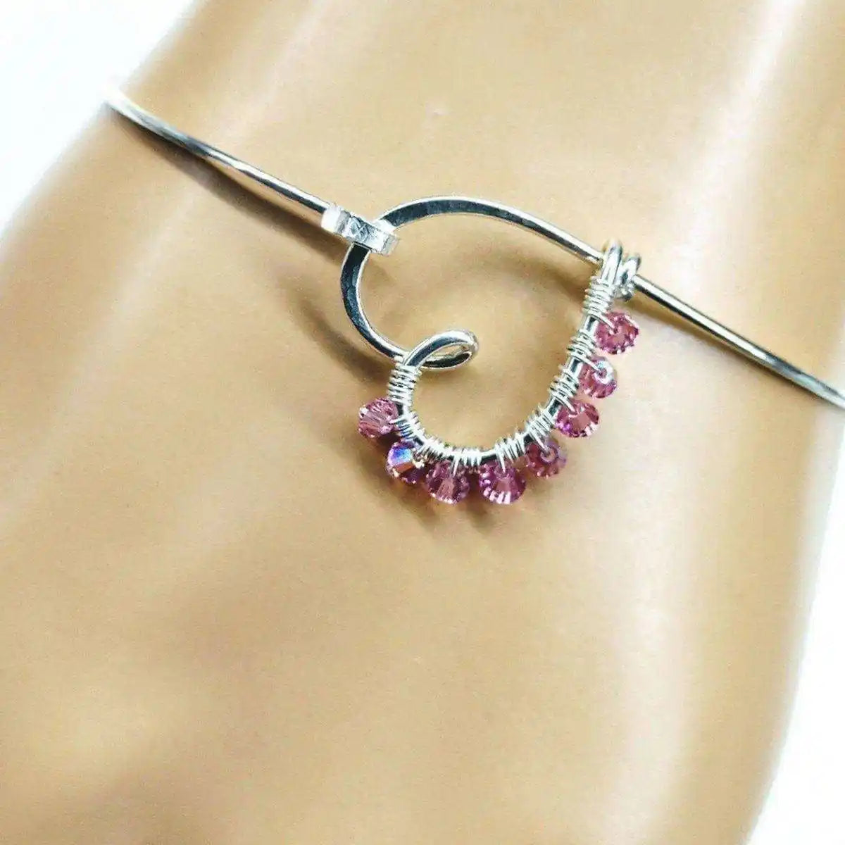 Wire Wrapped Pink Crystal Heart Bangle