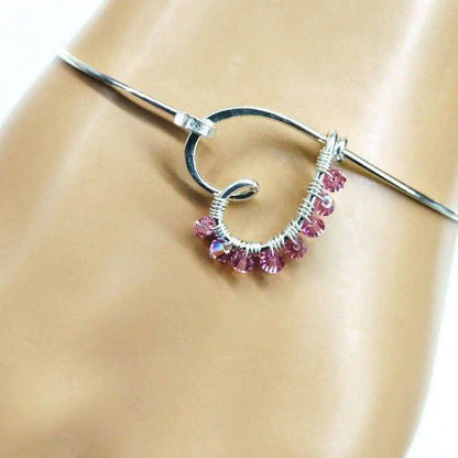 Wire Wrapped Pink Crystal Heart Bangle