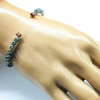 Wire Wrapped Turquoise Crystal Tennis Bangle Bracelet