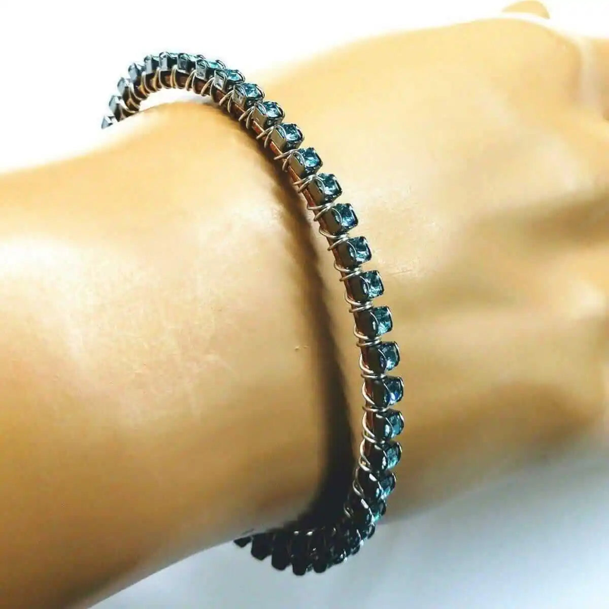 Wire Wrapped Turquoise Crystal Tennis Bangle Bracelet