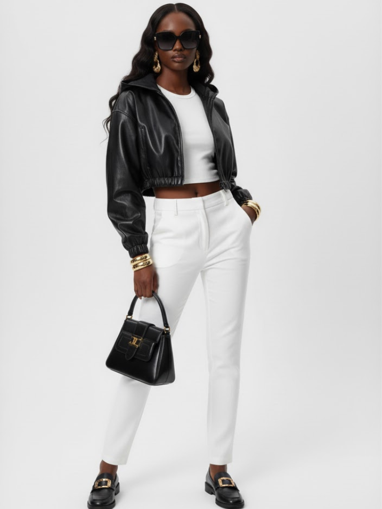 Women's Cropped Vegan Leather Bomber Jacket CHELSEA COUTURE BYMANYC ® New York