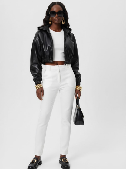 Women's Cropped Vegan Leather Bomber Jacket CHELSEA COUTURE BYMANYC ® New York