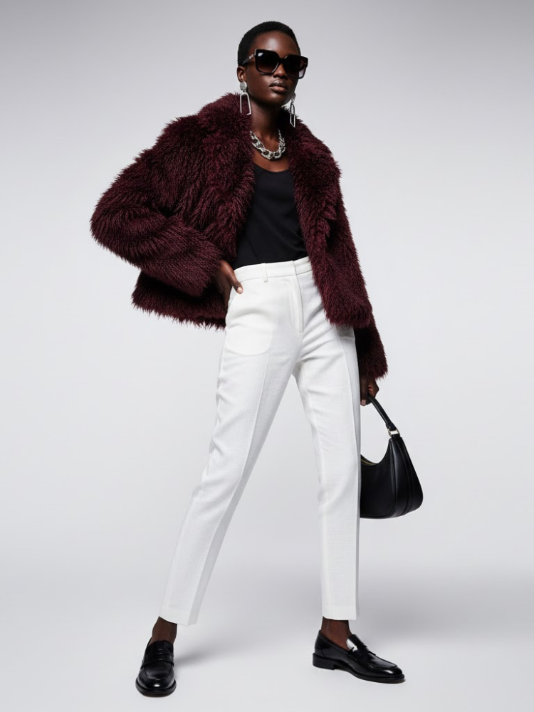 Women's Faux Fur Cropped Jacket BURGUNDY - CARROLL GARDENS: New Collection COUTURE in BROOKLYN - BYMANYC ® New York