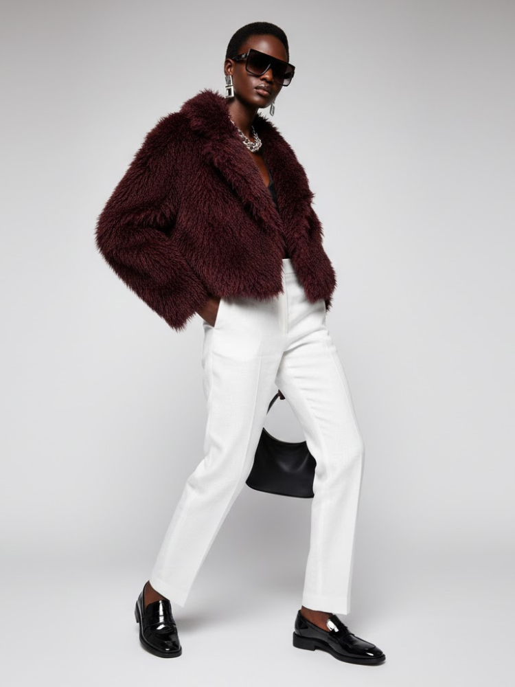 Women's Faux Fur Cropped Jacket BURGUNDY - CARROLL GARDENS: New Collection COUTURE in BROOKLYN - BYMANYC ® New York