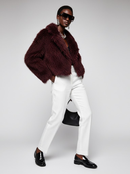 Women's Faux Fur Cropped Jacket BURGUNDY - CARROLL GARDENS: New Collection COUTURE in BROOKLYN - BYMANYC ® New York