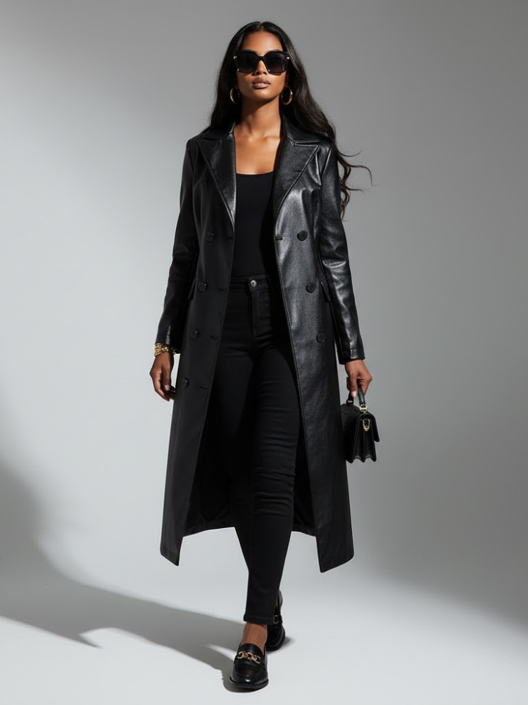 Women's Long Vegan Leather Trench Coat BLACK FINANCIAL COUTURE BYMANYC ® New York