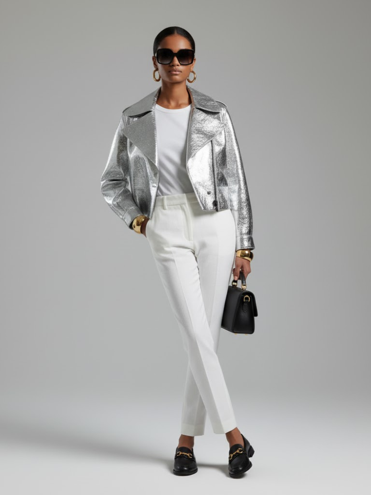 Women's Metallic Vegan Leather Biker Jacket SILVER WALL STREET COUTURE BYMANYC ® New York