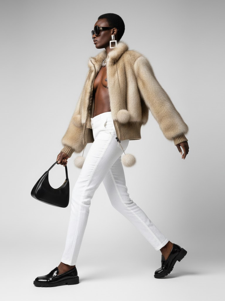 Women's Statement Faux Fur Bomber Jacket BEIGE - DYKER HEIGHTS: New Collection COUTURE in BROOKLYN - BYMANYC ® New York