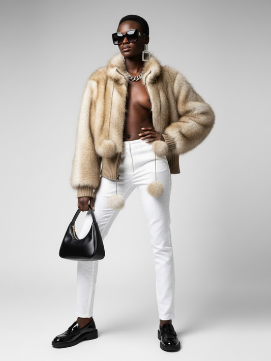 Women's Statement Faux Fur Bomber Jacket BEIGE - DYKER HEIGHTS: New Collection COUTURE in BROOKLYN - BYMANYC ® New York