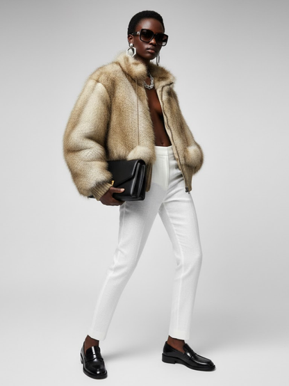 Women's Statement Faux Fur Bomber Jacket BEIGE - DYKER HEIGHTS: New Collection COUTURE in BROOKLYN - BYMANYC ® New York
